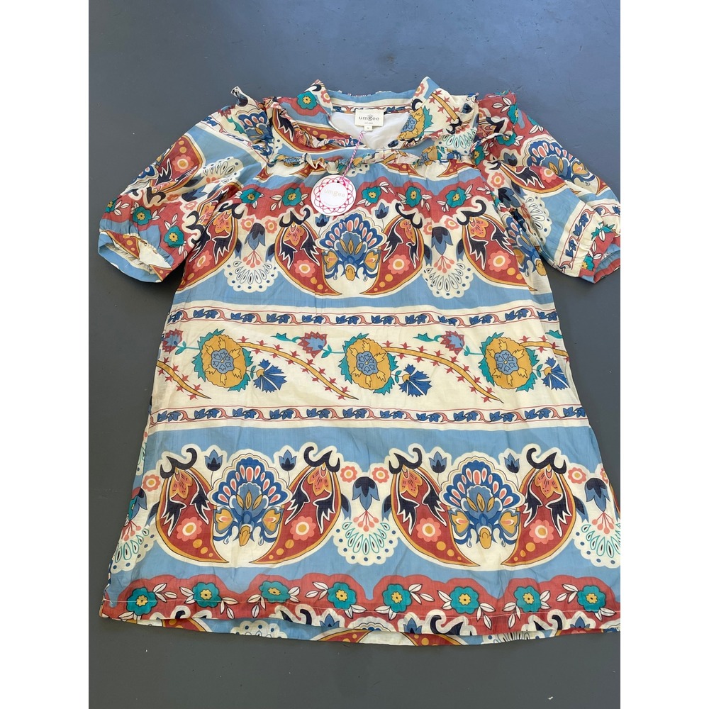 Umgee Women Large Blue Paisley Floral Ruffle Puff Sleeve Boho Shift Dress NWT